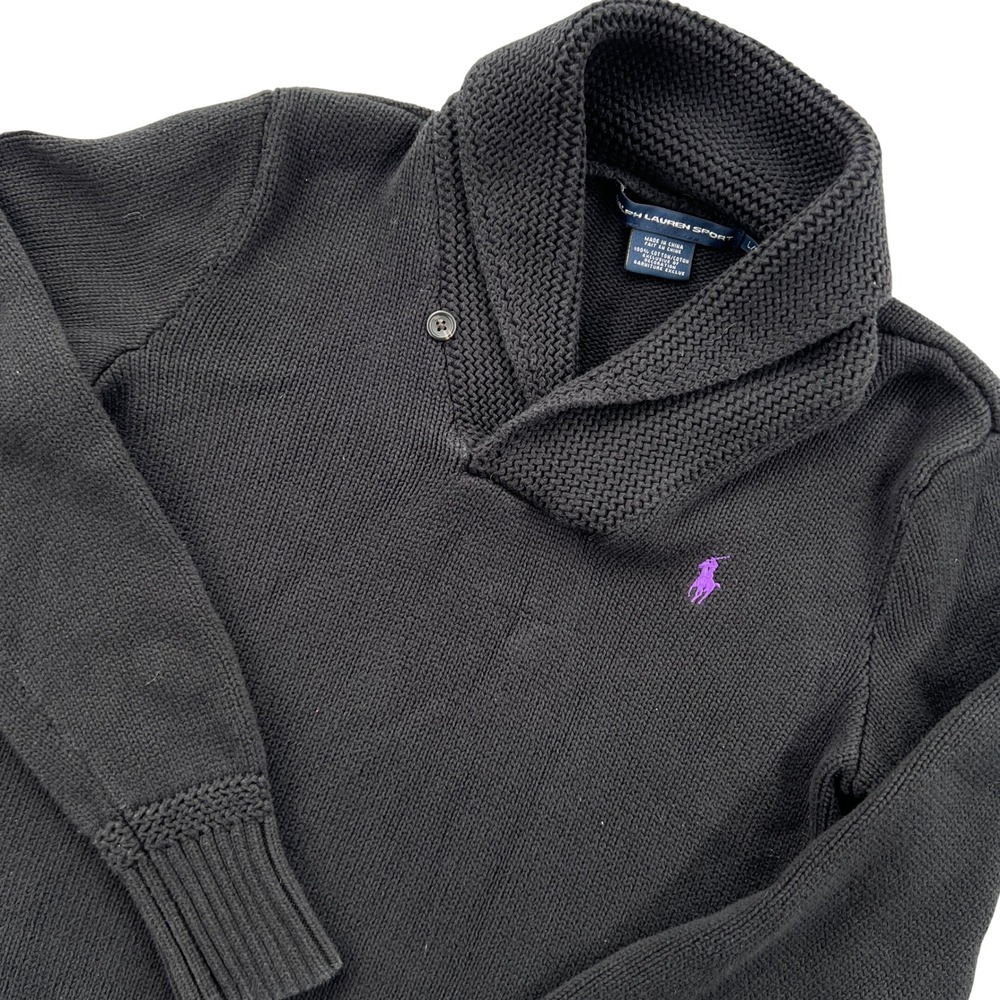 VTG Y2K Ralph Lauren Sport Shawl Sweater Womens L Black Cotton Knit Fisherman